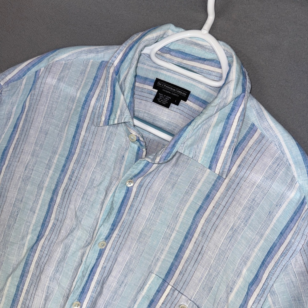 J Peterman Company Shirt Mens Large Blue Stripe Linen Long Sleeve Button Down